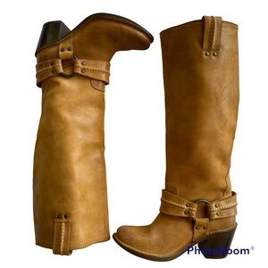 Frye Carmen Tall Harness Boots, Light Tan / Banana Leather, Size 6